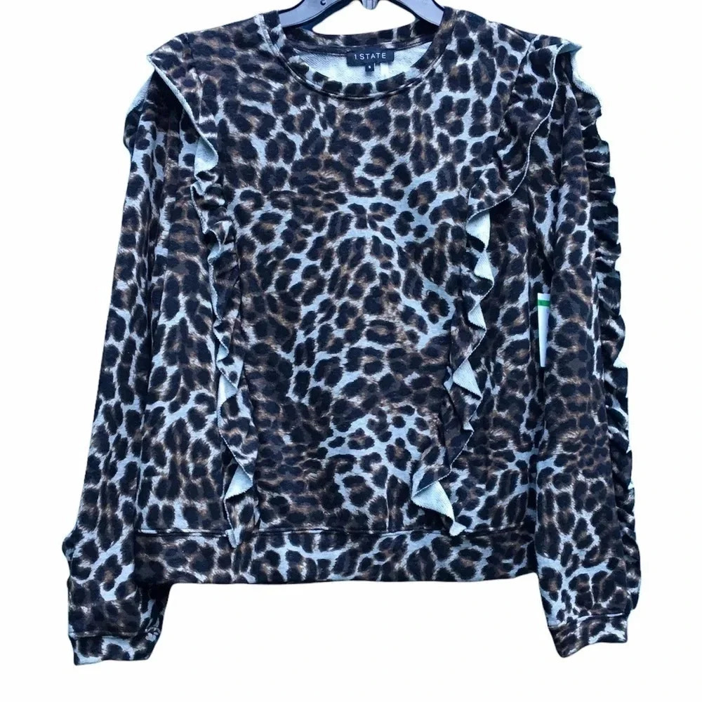 NWT 1. State Ruffle Leopard Long Sleeve Top Small
